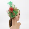 Fascinateur rose en résille rouge avec plumes vertes et perles pour fêtes - Rouge & Vert