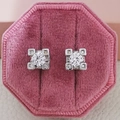 Square geometric stud earrings with clear zircon stones in a pink velvet jewelry box - Square Geometric / Silver