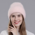 Women's pink rabbit fur knit hat with warm ribbed texture and fluffy finish - Pink