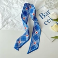 Blue plaid skinny scarf with red heart prints for hair tie or handbag handle decoration - Dashed Heart Blue