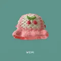 Pink and white handmade crochet bucket hat with green leaves and red cherry decor - One Size / Cherry Pink