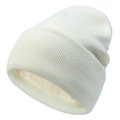 Close-up of the fine vertical ribbed texture and soft knit fabric of the white winter beanie - White