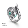 Retro stainless steel snake ring with green gem eyes and scale texture 32mm width - US 8