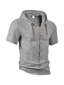 Men's summer loose linen hooded short sleeve shirt in medium grey color with buttons - Gray