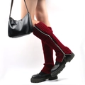 Detail of burgundy knitted leg warmers featuring a side zipper design and cable knit texture - One Size / Burgundy
