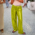 Neon yellow sequin wide-leg pants with elastic waist in a street-style view - S / Green Pants