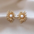 Elegant gold-tone floral stud earrings with radiant petals and centered pearl inlay - 61# Gold Radiative Irregular Petal Style (HE30401)