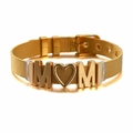 Golden mesh watch-band bracelet with M heart M charms and adjustable buckle closure - Gold-MOM Heart