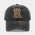 Detailed close-up of charcoal washed cotton baseball cap with leopard print letter R patch - Letter R