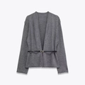 Women's slim fit grey V-neck cardigan with a black leather belt and gold oval buckle - S / Gray