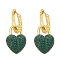 Detail view of heart-shaped earrings with green zircon inlays and golden metal finish - Green