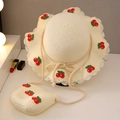 Kids cream straw sun hat and matching crossbody bag set with cherry embroidery - Cherry Straw Hat Set / White