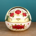 European style spherical white enamel ashtray with red rose pattern and gold trim - Gold White Red Rose Enamel