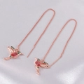 Macro detail of hummingbird drop earrings with rose gold finish and colorful crystals - Hummingbird Long Tassel Ear Threader-Rose Gold (01)