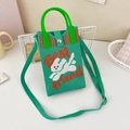 Detailed knit of a green crossbody bag featuring a white rabbit and Best Friend text - 21-Green Rabbit-Best Friend