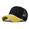 Detail view of black cotton front panels and breathable mesh on baseball cap - Adjustable / Yellow & Black Mesh