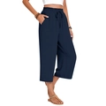 Women's dark blue high waisted linen wide leg trousers with elastic drawstring waist - S / Navy Blue