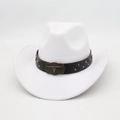 Detailed view of white felt cowboy hat with leather band and bronze bull skull buckle - One Size / White (Rivet Bull Head)