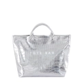 Metallic silver tote bag with crocodile texture and white TOTE BAG text print - Silver