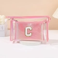 Pink iridescent cosmetic bag set with letter C embroidery and transparent PVC detail - Peach Red [C]