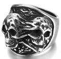 Macro detail of retro gothic double skull ring in vintage silver stainless steel finish - 24304