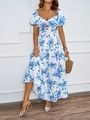 Detailed view of elegant blue floral maxi dress with bubble sleeves and waist cut-outs - S / Blue White Print