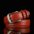 Brown leather belt for men with a dark grey brushed metal buckle and classic pin design - 110cm / Red Brown
