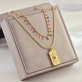 French vintage double layer gold necklace with sun moon rectangular pendant and blue stone - Rectangular Plate Pendant / Gold