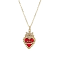 Golden necklace with red heart pendant featuring a crown and rhinestone flame details - Gold Rays Crown Red Heart Style (YS-231117-14)