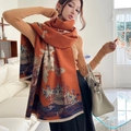 Elegant orange landscape art scarf in faux cashmere with tassels and floral scenery - Jiangnan View-Brick Red
