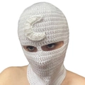 Handmade white crochet balaclava mask with a moon pattern for winter warmth - White+Moon