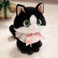 Cute black and white plush cat doll with pink bow and lace collar in sitting pose - Bowknot Style