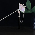 Goldener Fächer-Haarstab mit rosa Pflaumenblüten und elegant hängenden Quasten - Goldener Fächer Rosa Pflaume Künstliche Perle Quasten-Stil (8784)