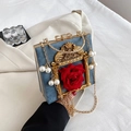 Blue velvet handbag with vintage baroque frame and red rose floral charm - Flower Blue