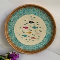 Handcrafted rattan tray featuring blue mosaic inlay and vibrant fish patterns - Colorful Goldfish / Large 35*3cm