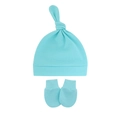 Sky blue newborn baby beanie hat and anti-scratch mittens set in soft knitted cotton - One Size / Light Lake Blue