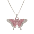 Tennis choker necklace with pink and white rhinestone butterfly pendant in silver finish - Silver With Pink Rhinestone Large Butterfly Style