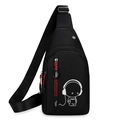 Black luminous chest bag for boys featuring a white cartoon music figure and red zipper - Black