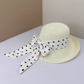 Beige woven straw sun hat with elegant black polka dot bow ribbon for beach vacation - Creamy White
