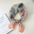 Floral cotton linen scarf with orange border and multi-color flower print for hair or neck - 58*58cm / 13 Stripe Base-Hundred Flowers Orange