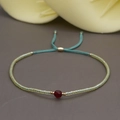 Bohemian handmade beaded bracelet with red gemstone and adjustable green cord - Cyan Rope/Deep Red Gem/Green Yellow Bead(BR0114)