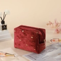 Rote Samt-Kosmetiktasche mit Goldstern-Stickerei und goldenem Reißverschluss - Burgunderrot