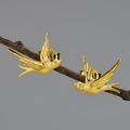Golden swallow stud earrings with matte metallic texture on dry branches - Gold Swallow Style (LFJA0103A) / 925 Silver