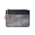 Slim mini card holder with black leather and grey denim patchwork plus gold keychain - Black