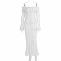 Dettagli del vestito in pizzo bianco con spalle scoperte e maniche a campana eleganti - S / Bianco senza Fodera