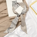French vintage beige and brown geometric silk ribbon scarf for hair styling in a knot - Street Corner Milk Tea