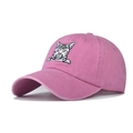 Pink washed cotton baseball cap with a cute cat embroidery shown from a 45-degree angle - Adjustable / Pink