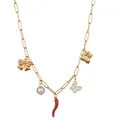 Collar de cadena de clip dorado en acero inoxidable con dijes de mariposa y perlas - Serie Naturaleza (Mariposa/Hoja/Lazo)