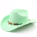 Detail of mint green suede cowboy hat with colorful ethnic beads and woven band - M (56-58cm) / Fruit Green