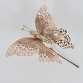 Golden butterfly ornament with leopard print lace wings and glitter finish details - THF09 Double Layer Hollow / Champagne